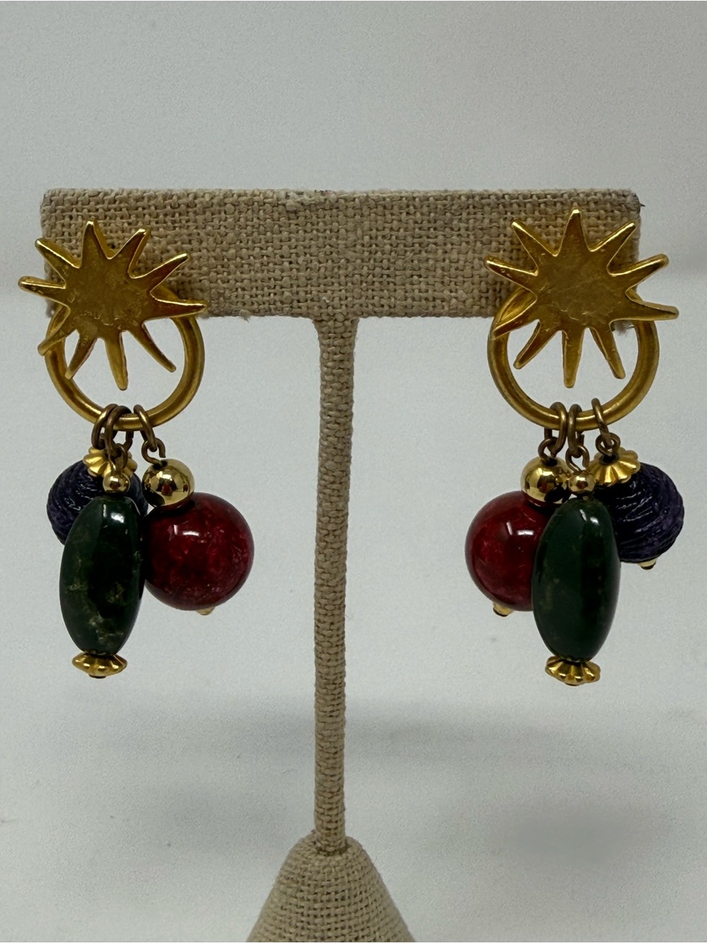 Gold Sunburst Drop Earrings with Green and Red Beads